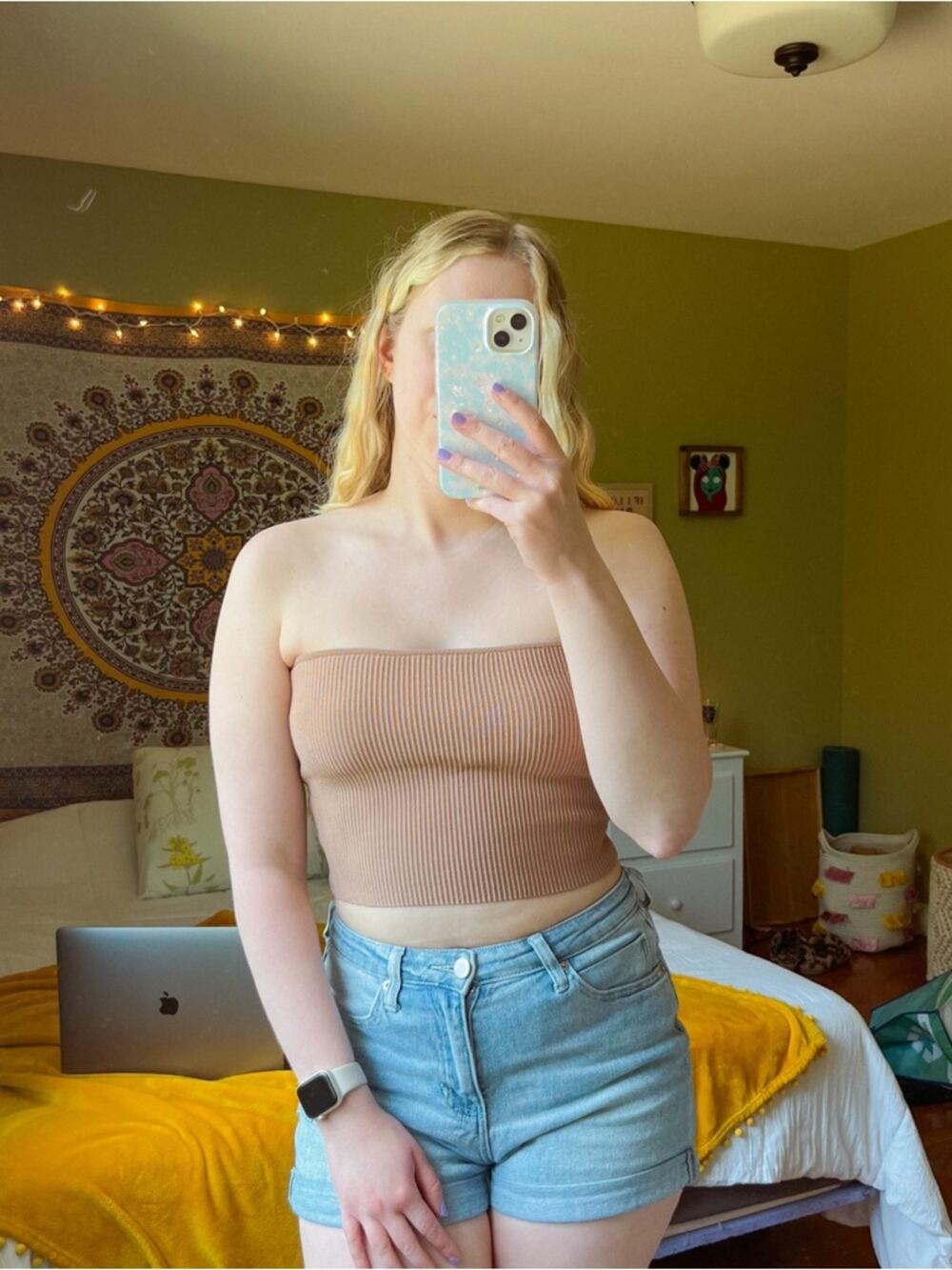 Kendall & Kylie Ribbed Crop Tube Top Strapless Taupe Size Medium